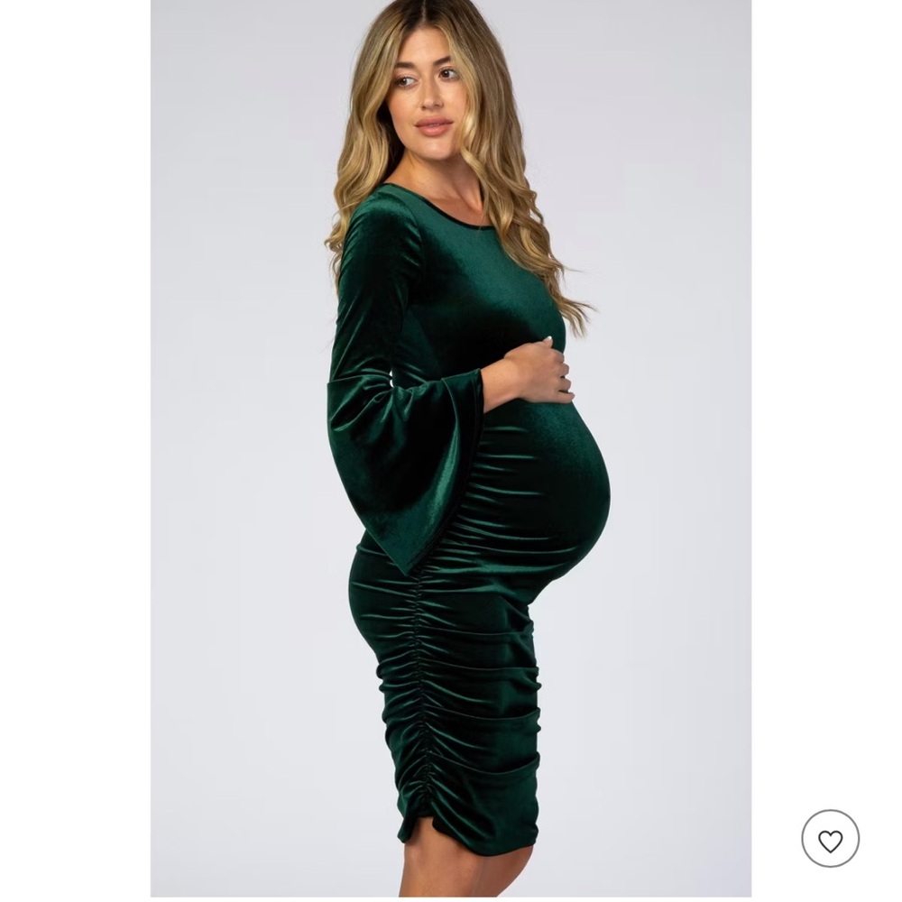 Forest Green Velvet Ruched Bell Sleeve Maternity Dress Size M